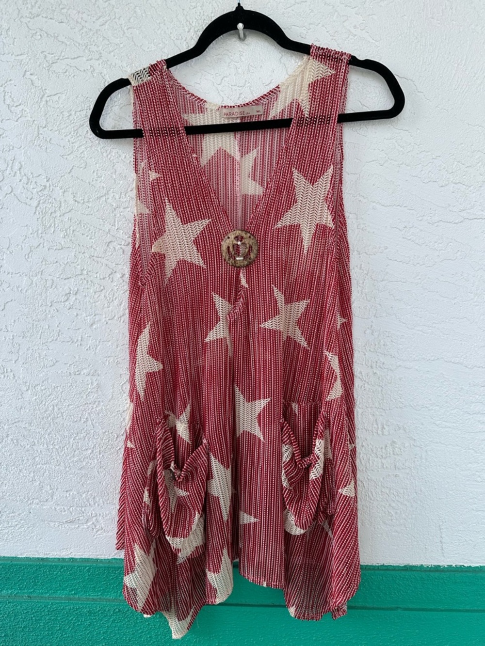 Paradise Red White Stars Swim Cover Up Pockets Sleeveless Medium Large - Picture 2 of 14
